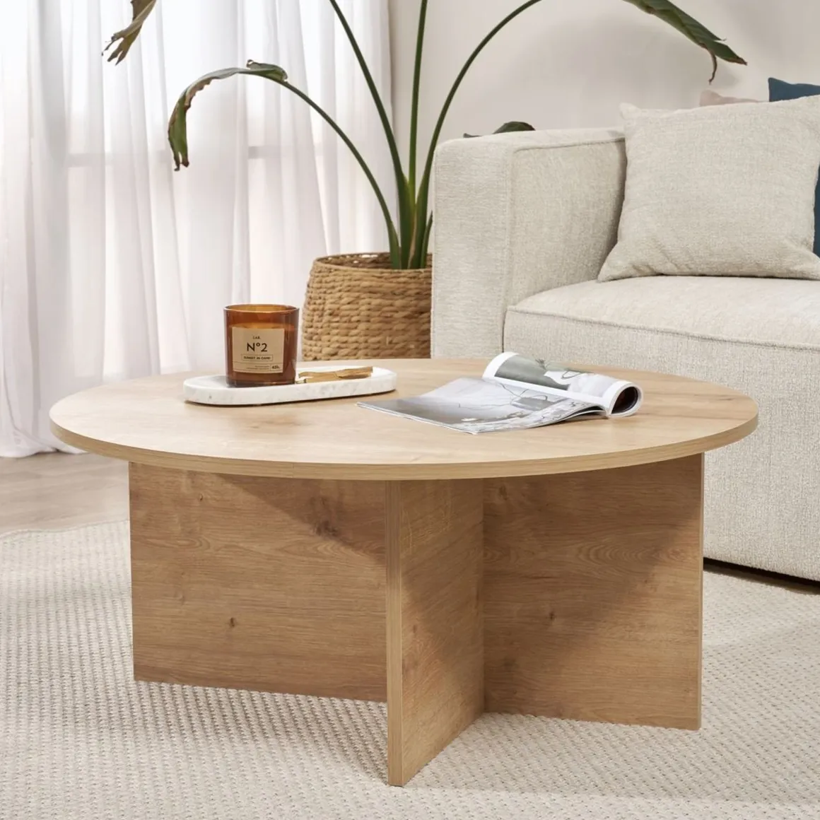 Tavolini Da Salotto > Dmora Tavolino da Salotto Forma Rotondo Materiale Piano in Vetro 75x75x35h cm, Colore Ripiano Trasparente - Cugnoli Marrone Rovere