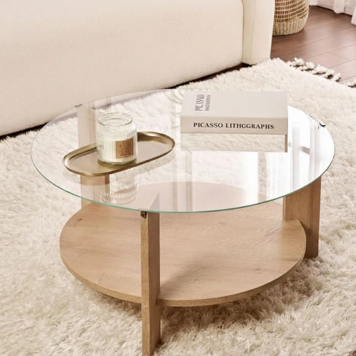 Tavolino da Salotto Marrone Rovere Forma Rotondo Materiale Piano in Vetro 75x75x40h cm, Colore Ripiano Trasparente - Canevino