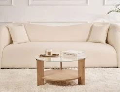 Tavolino da Salotto Marrone Rovere Forma Rotondo Materiale Piano in Vetro 75x75x40h cm, Colore Ripiano Trasparente - Canevino