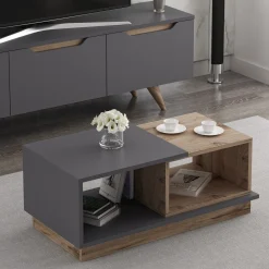 Tavolino da Salotto Marrone Rovere Nero Antracite 2 Vani Modulabile 90x45x36h cm, Forma Rettangolare - Chiavari