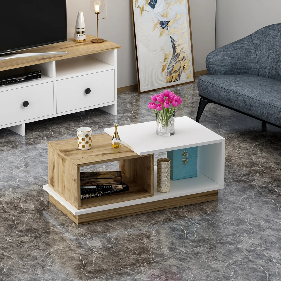 Tavolino da Salotto Marrone Rovere Nodi Bianco 2 Vani Forma Rettangolare 90x45x36h cm, Colore Ripiano Marrone - Ruino