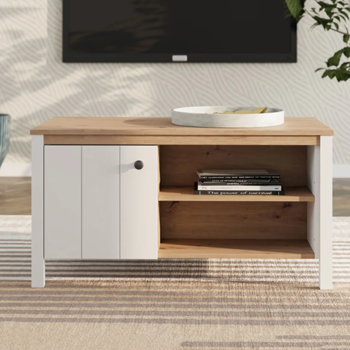 Tavolini Da Salotto > Dmora Tavolino da Salotto Marrone Rovere Nodi Bianco Piano Effetto Doghe Forma Quadrato 67x67x43h cm, Colore Ripiano Marrone - Magre Bianco, Marrone Rovere Nodi