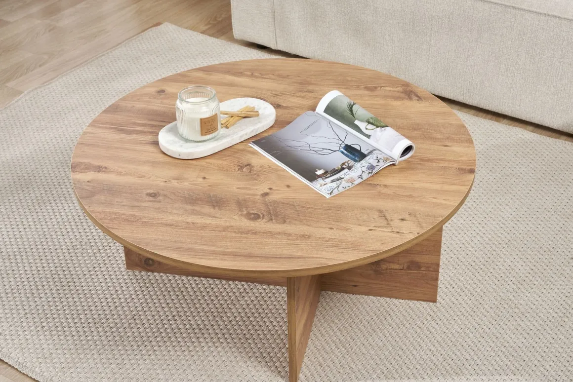 Tavolino da Salotto Marrone Rovere Nodi Forma Rotondo Materiale Piano in Legno Nobilitato 90x90x40h cm, Colore Ripiano Marrone - Simbario