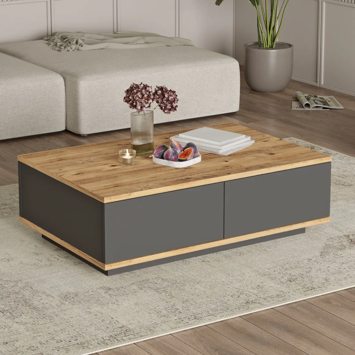Tavolino da Salotto Marrone Rovere Nodi Nero Antracite 2 Vani Forma Rettangolare 90x60x29h cm, Colore Ripiano Marrone - Babila