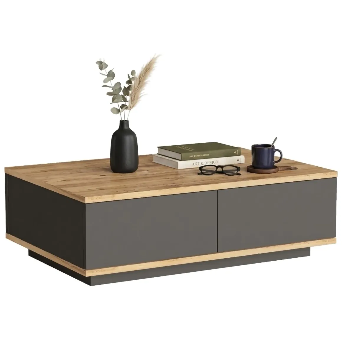 Tavolino da Salotto Marrone Rovere Nodi Nero Antracite 2 Vani Forma Rettangolare 90x60x29h cm, Colore Ripiano Marrone - Babila