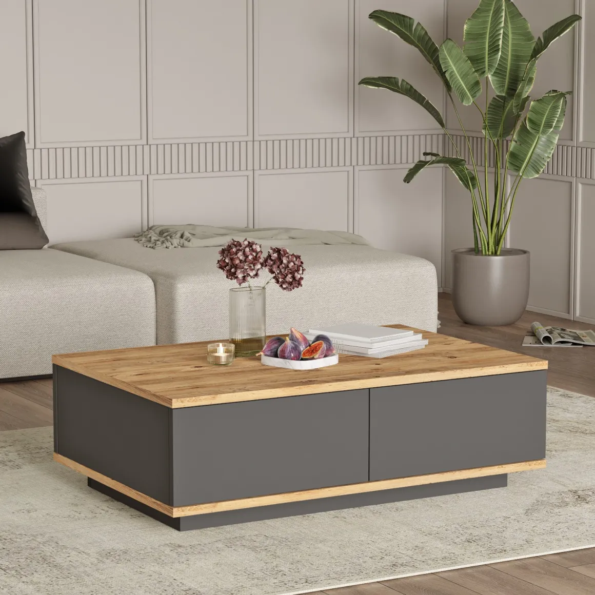 Tavolino da Salotto Marrone Rovere Nodi Nero Antracite 2 Vani Forma Rettangolare 90x60x29h cm, Colore Ripiano Marrone - Babila