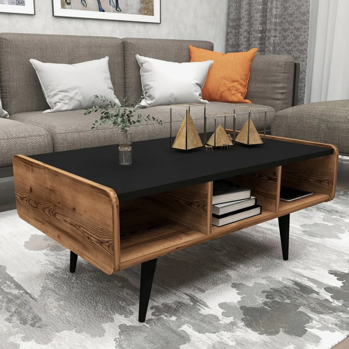 Tavolini Da Salotto > Dmora Tavolino da Salotto Marrone Rovere Nodi Nero con Piedini un Vano 101x55x46h cm, Forma Rettangolare - Cunico Nero, Marrone Rovere Nodi