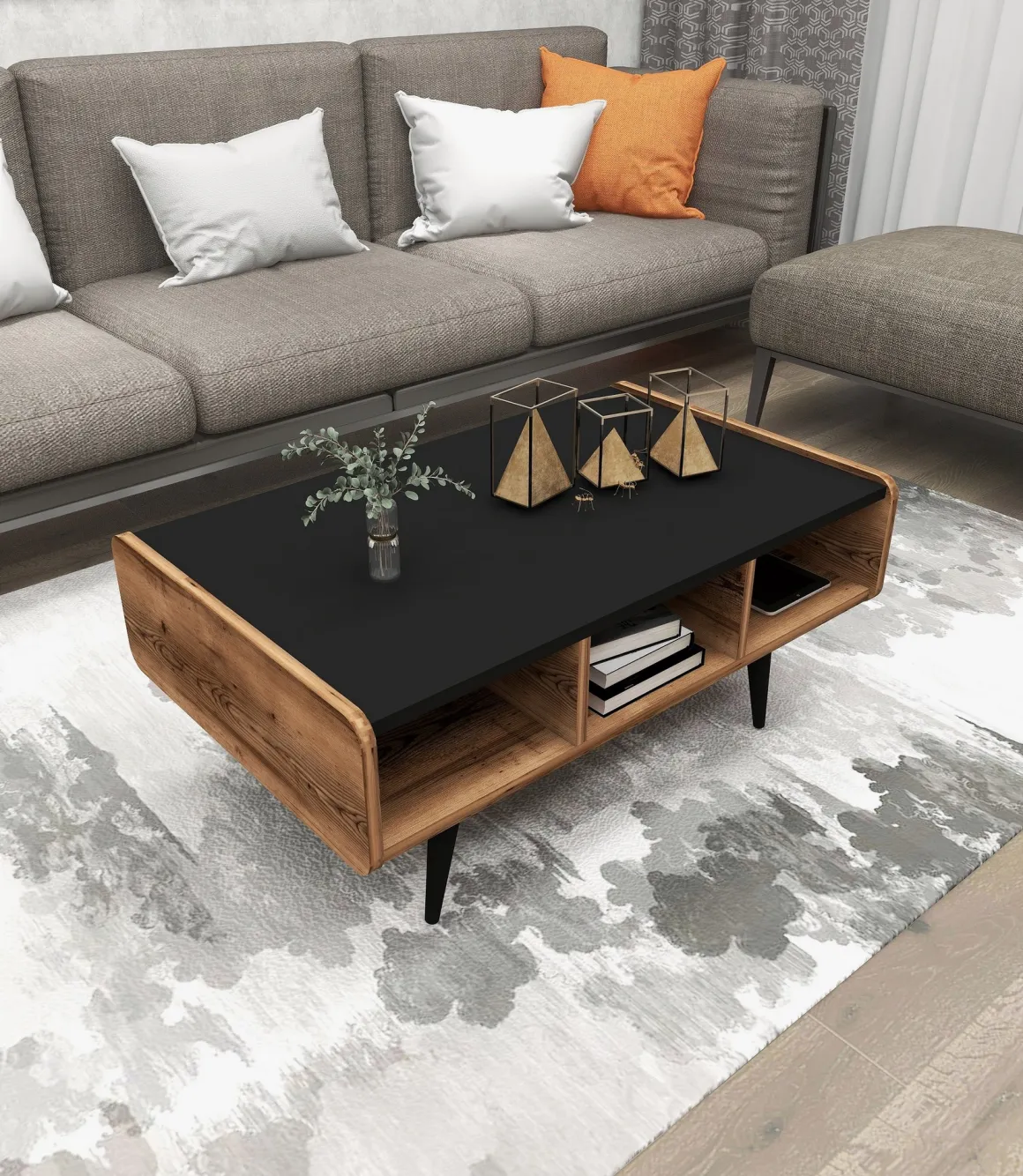 Tavolini Da Salotto > Dmora Tavolino da Salotto Marrone Rovere Nodi Nero con Piedini un Vano 101x55x46h cm, Forma Rettangolare - Cunico Nero, Marrone Rovere Nodi