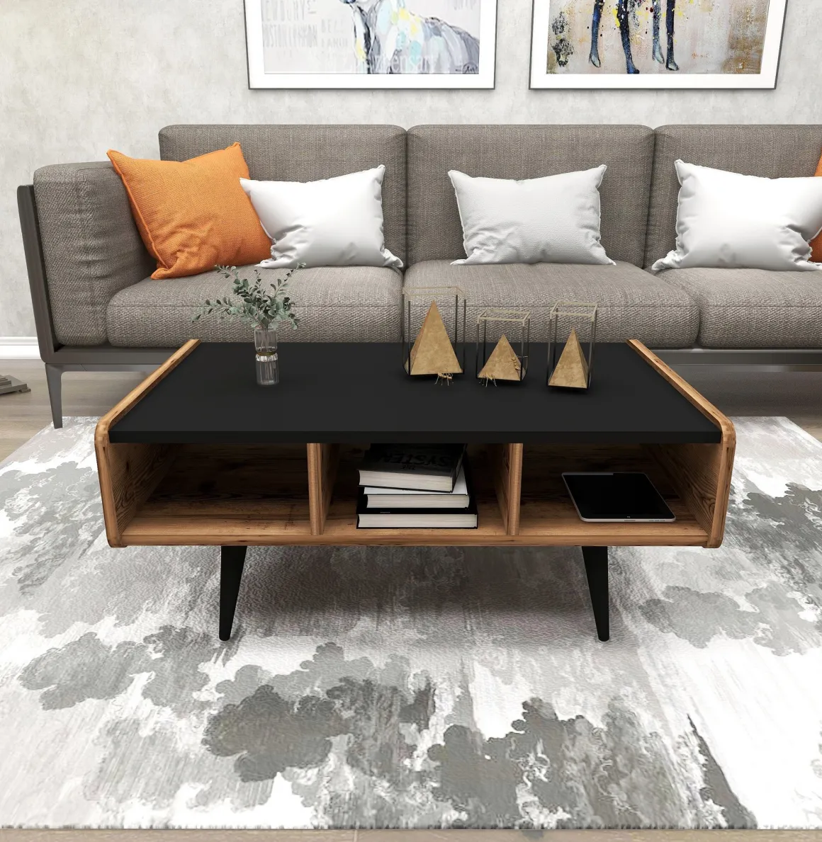 Tavolini Da Salotto > Dmora Tavolino da Salotto Marrone Rovere Nodi Nero con Piedini un Vano 101x55x46h cm, Forma Rettangolare - Cunico Nero, Marrone Rovere Nodi