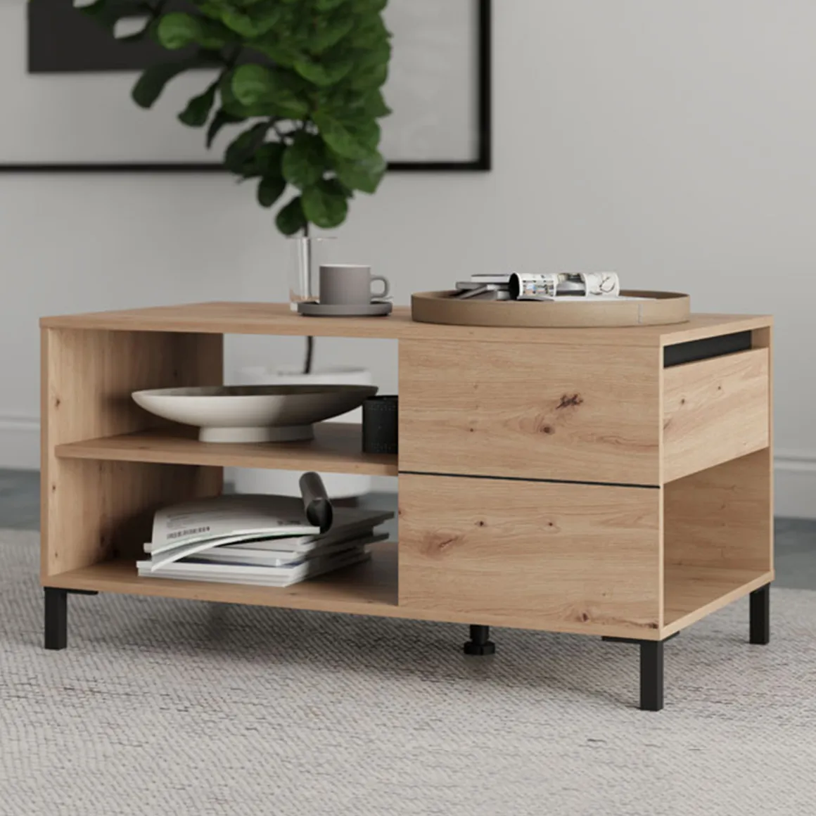 Tavolini Da Salotto > Dmora Tavolino da Salotto Marrone Rovere Nodi Nero un Vano Forma Rettangolare 101x54.5x46.5h cm, Colore Ripiano Marrone - Casaglia Nero, Marrone Rovere Nodi
