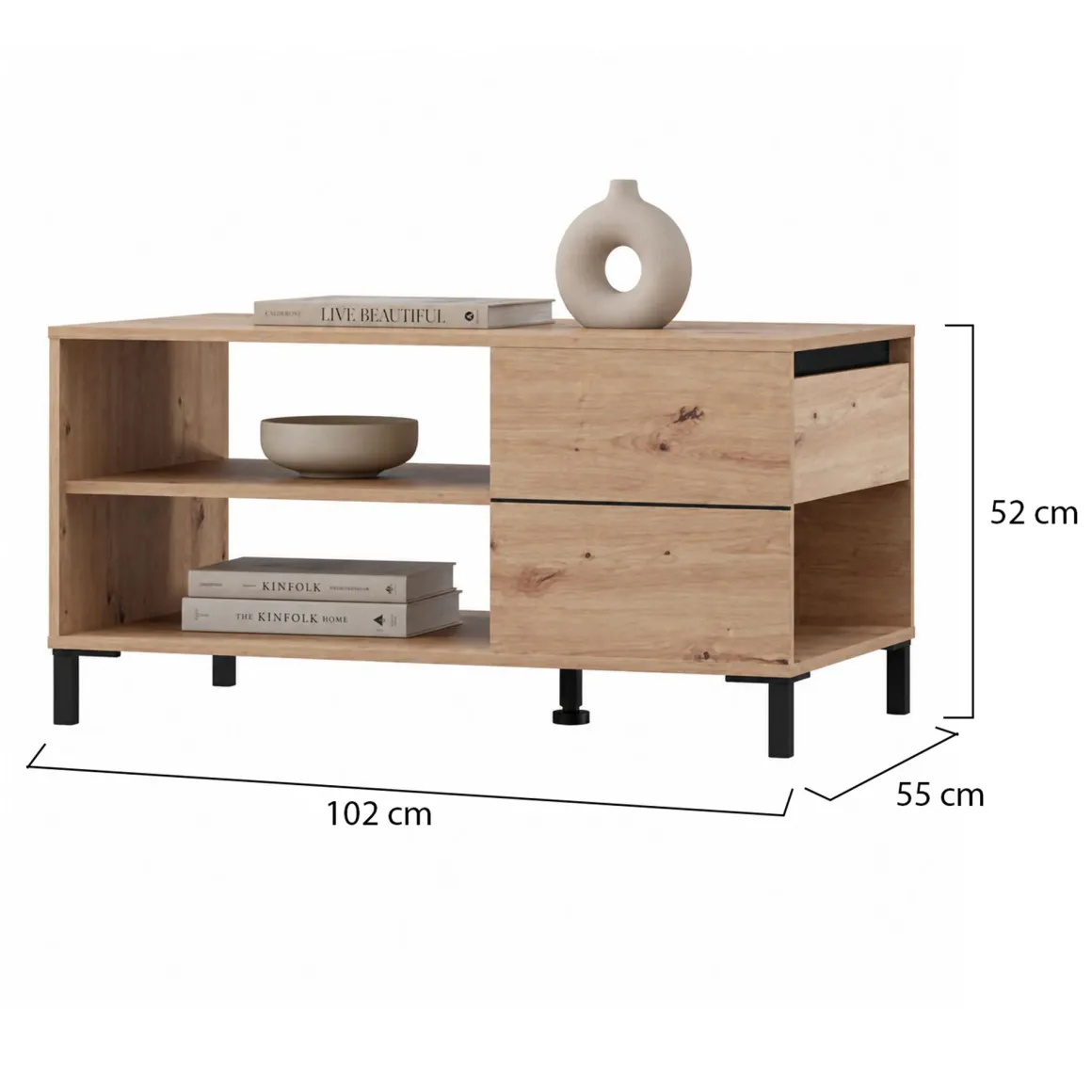 Tavolini Da Salotto > Dmora Tavolino da Salotto Marrone Rovere Nodi Nero un Vano Forma Rettangolare 101x54.5x46.5h cm, Colore Ripiano Marrone - Casaglia Nero, Marrone Rovere Nodi