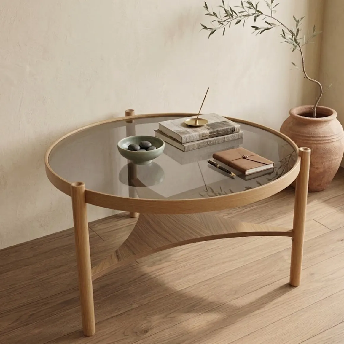 Tavolini Da Salotto > Dmora Tavolino da Salotto un Vano Piano in Vetro Temperato 100x100x48h cm, Forma Rotondo - Olzai Marrone Rovere