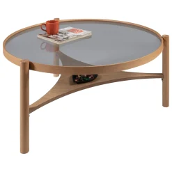 Tavolino da Salotto Marrone Rovere un Vano Piano in Vetro Temperato 100x100x46h cm, Forma Rotondo - Canterano