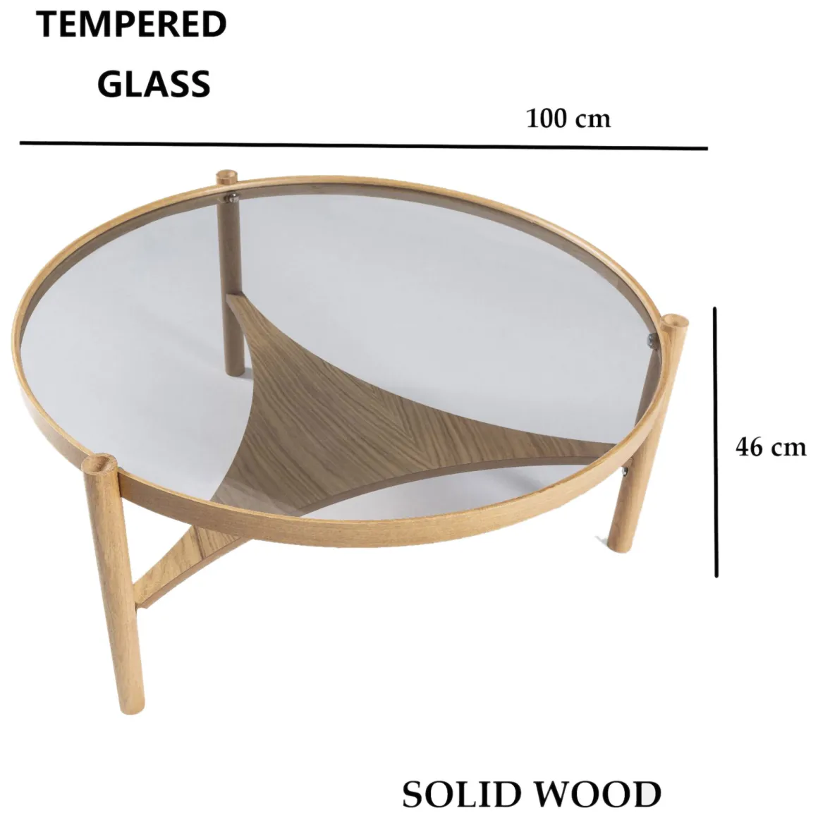 Tavolini Da Salotto > Dmora Tavolino da Salotto un Vano Piano in Vetro Temperato 100x100x48h cm, Forma Rotondo - Olzai Marrone Rovere