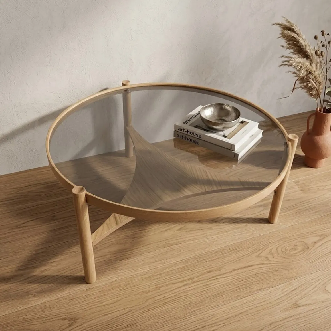Tavolini Da Salotto > Dmora Tavolino da Salotto un Vano Piano in Vetro Temperato 100x100x48h cm, Forma Rotondo - Olzai Marrone Rovere