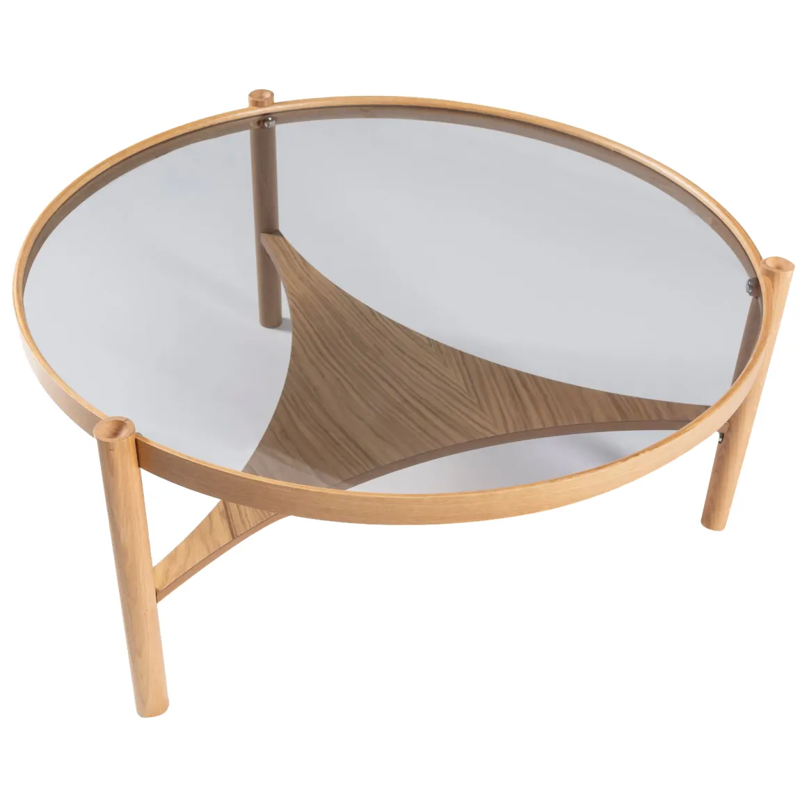 Tavolino da Salotto Marrone Rovere un Vano Piano in Vetro Temperato 100x100x46h cm, Forma Rotondo - Canterano