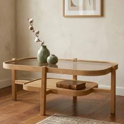 Tavolino da Salotto Marrone Rovere un Vano Piano in Vetro Temperato 110x70x48h cm, Forma Rettangolare - Sorbolo