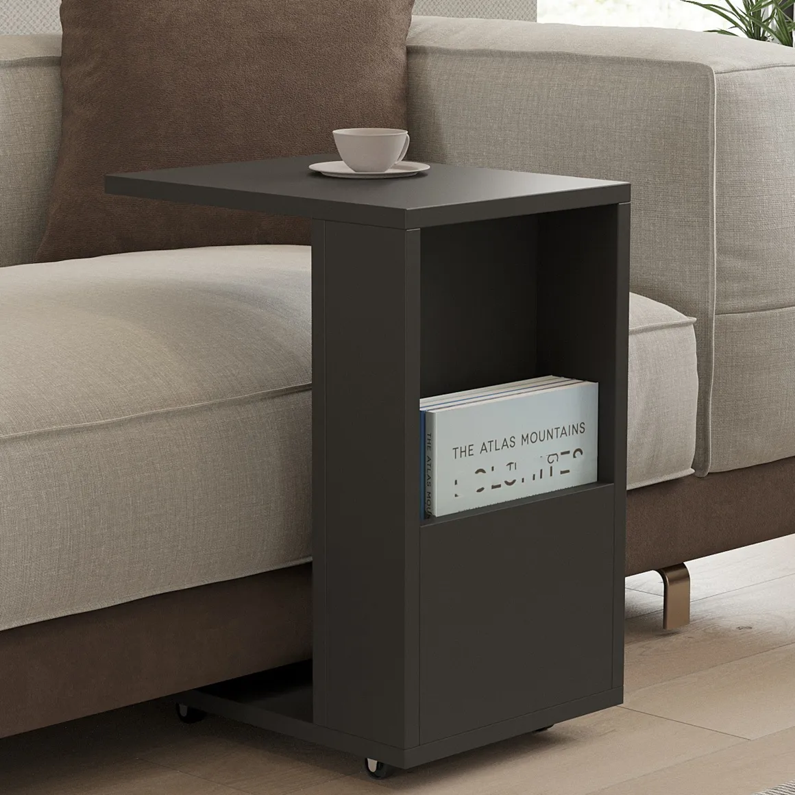 Tavolino da Salotto Nero Antracite con Ruote un Vano 30x40x50h cm, Forma Rettangolare - Vazzola