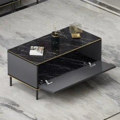 Tavolino da Salotto Nero Antracite oro con Piedini un Vano 90x45x40h cm, Piano Sollevabile - Zerbolo