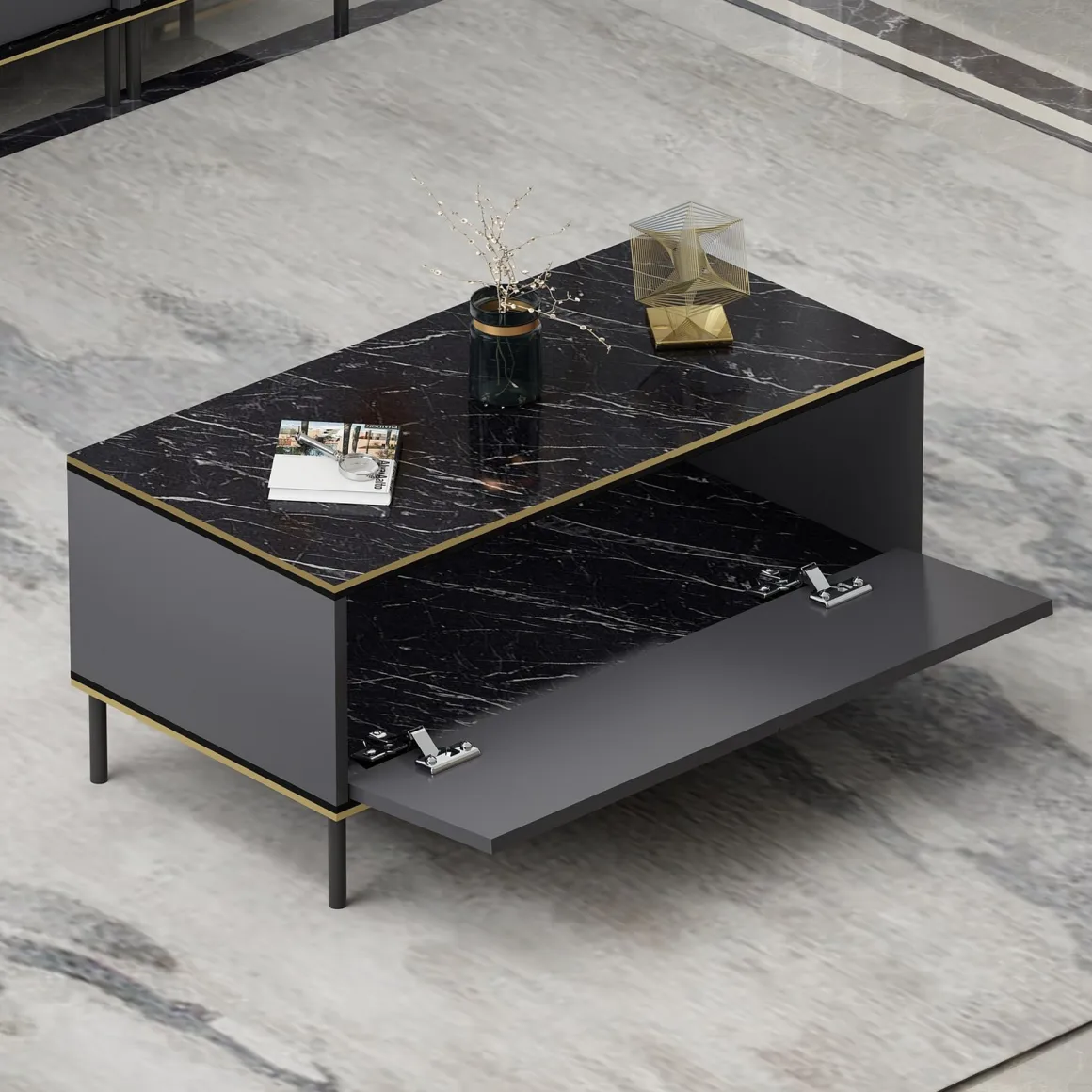 Tavolino da Salotto Nero Antracite oro con Piedini un Vano 90x45x40h cm, Piano Sollevabile - Zerbolo