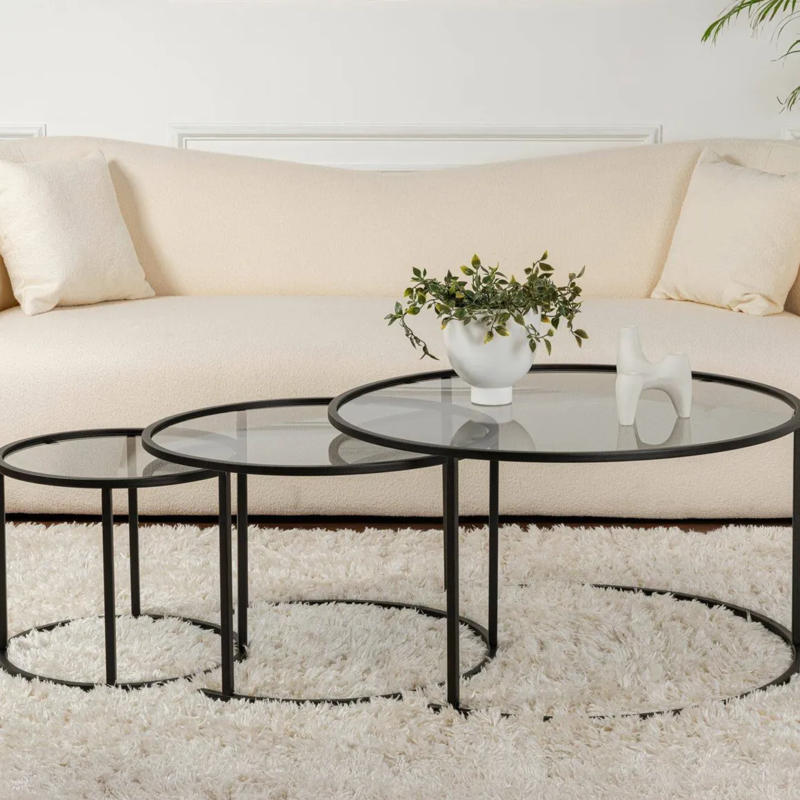 Tavolino da Salotto Nero Forma Circolare Materiale Piano in Vetro 80x80x43h cm, Colore Ripiano Trasparente - Rowan