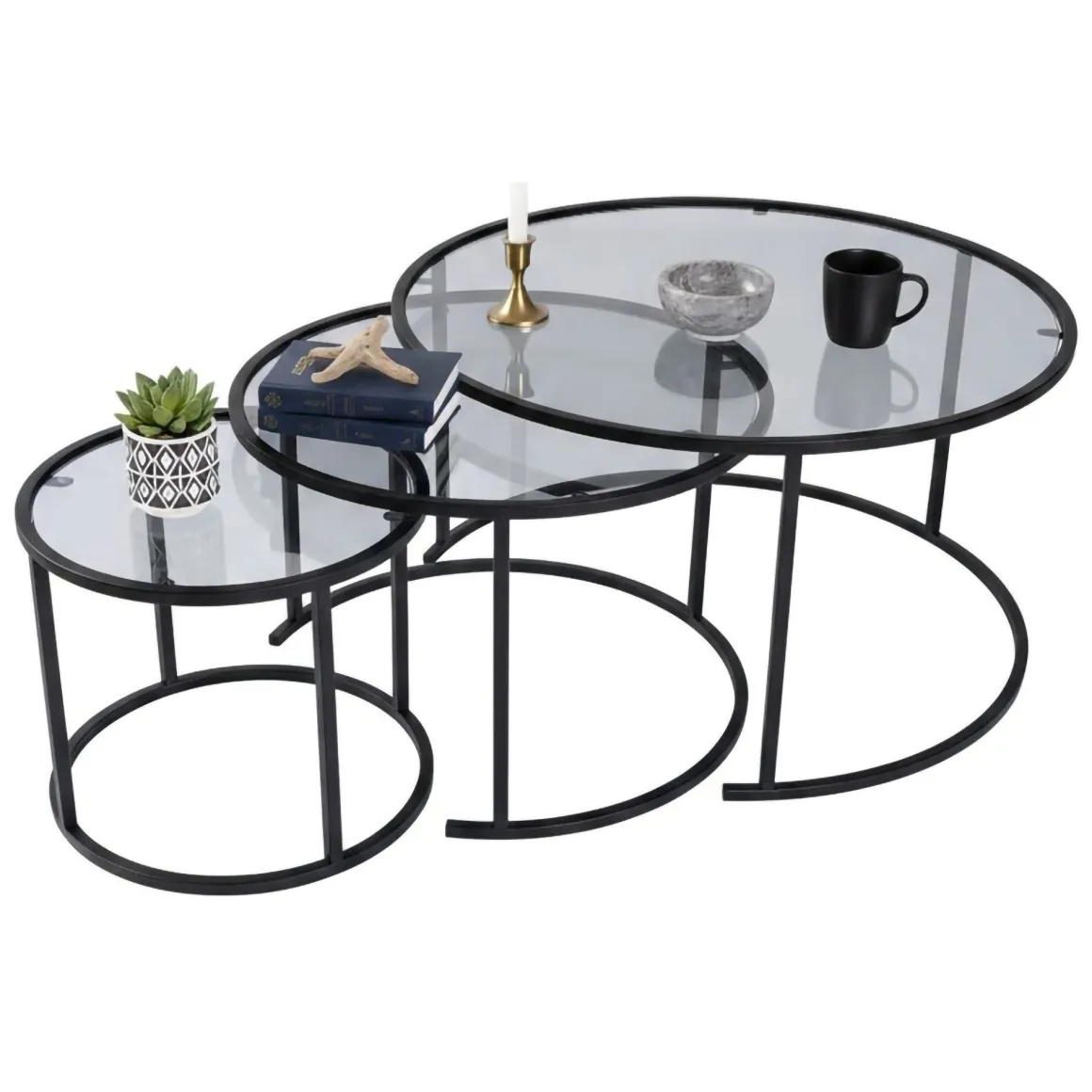 Tavolino da Salotto Nero Forma Circolare Materiale Piano in Vetro 80x80x43h cm, Colore Ripiano Trasparente - Rowan