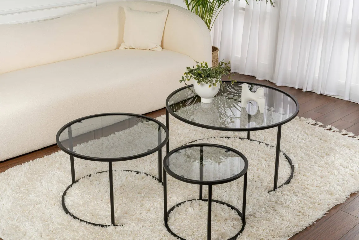 Tavolino da Salotto Nero Forma Circolare Materiale Piano in Vetro 80x80x43h cm, Colore Ripiano Trasparente - Rowan