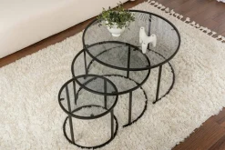 Tavolino da Salotto Nero Forma Circolare Materiale Piano in Vetro 80x80x43h cm, Colore Ripiano Trasparente - Rowan
