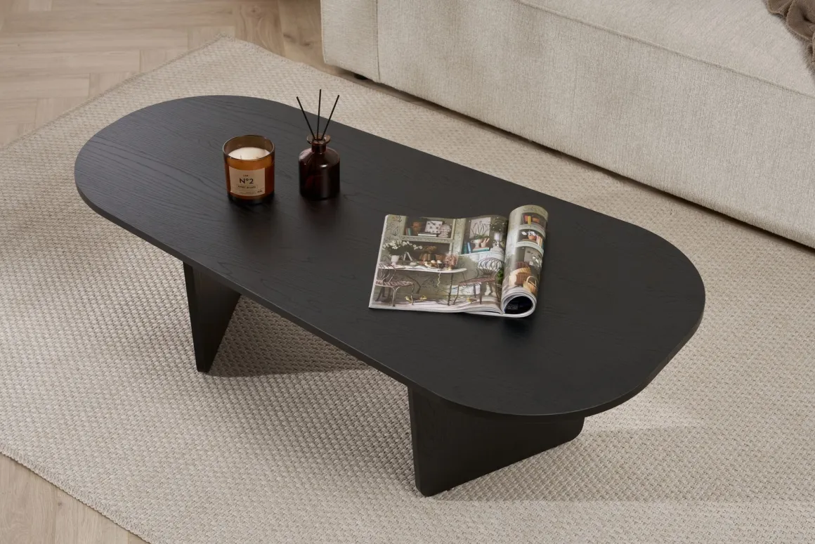 Tavolino da Salotto Nero Forma Ovale Materiale Piano in Legno Nobilitato 130x65x40h cm, Colore Ripiano Nero - Dozza