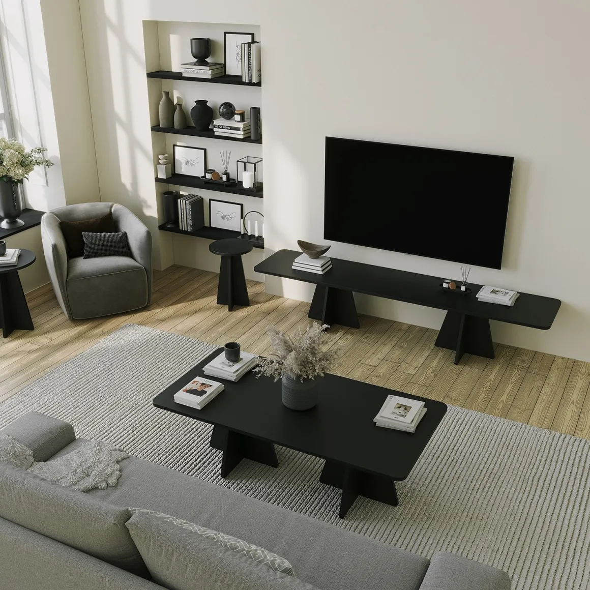 Tavolino da Salotto Nero Forma Rettangolare Materiale Piano in Legno Nobilitato 120x60x40h cm, Colore Ripiano Nero - Ottana