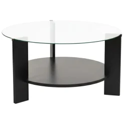 Tavolino da Salotto Nero Forma Rotondo Materiale Piano in Vetro 75x75x40h cm, Colore Ripiano Trasparente - Canevino