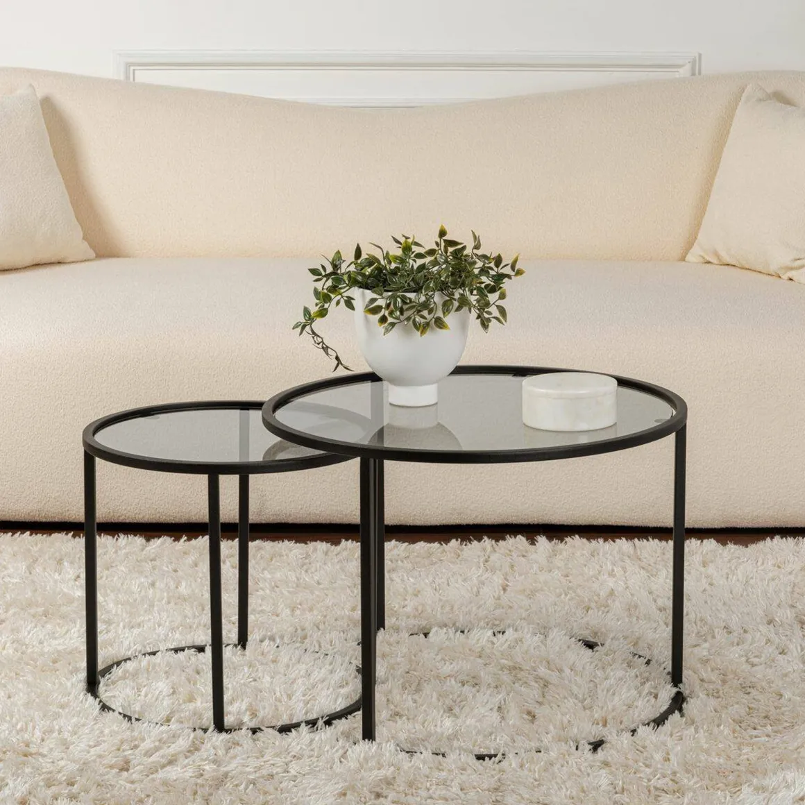 Tavolino da Salotto Nero Grigio set di 2 Tavolini Forma Rotondo 60x60x43h cm, Colore Struttura Grigio - Xaden