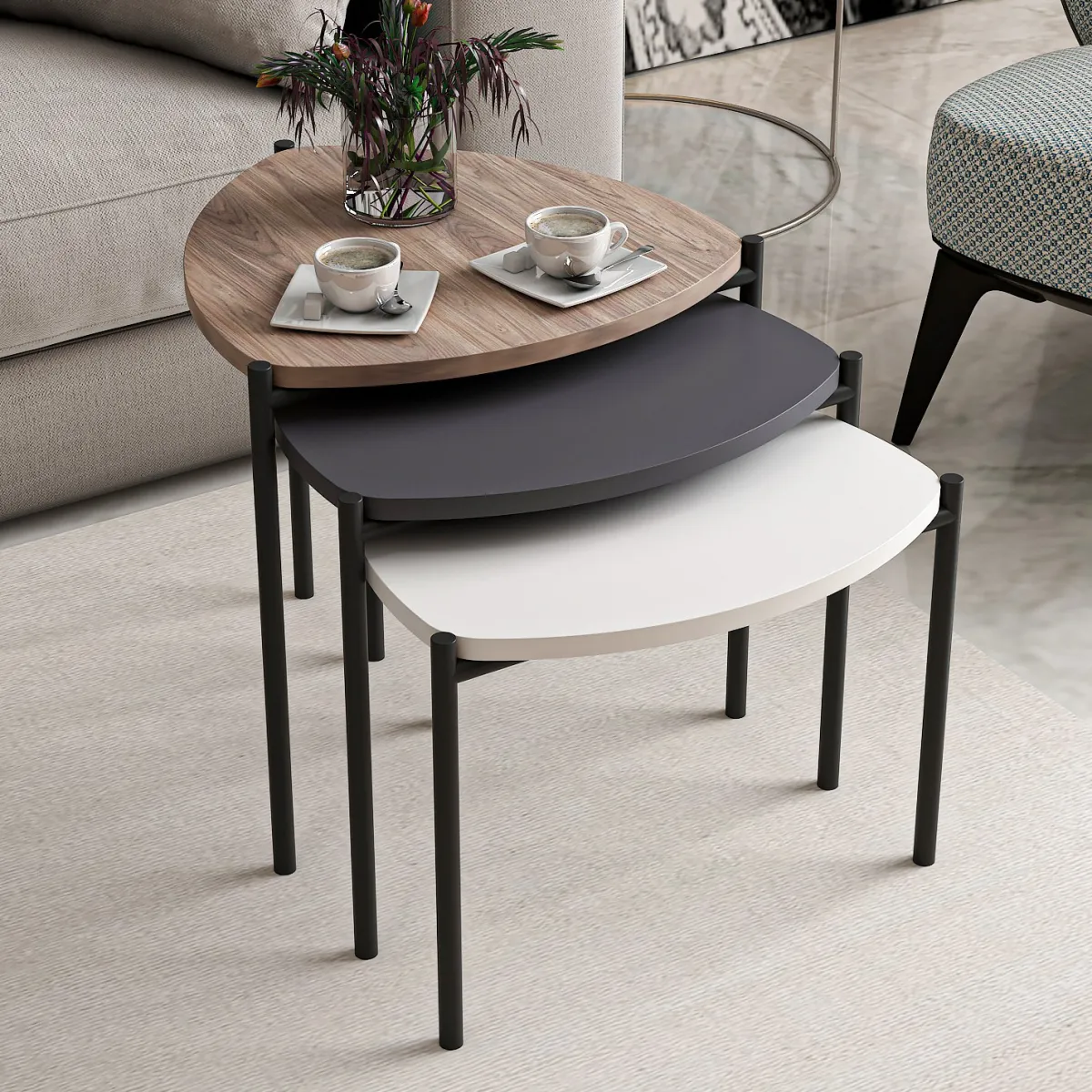 Tavolini Da Salotto > Dmora Tavolino da Salotto Nero Marrone Noce set 3 Pezzi Forma Triangolare 45x45x45h cm, Colore Ripiano Marrone - Carro Marrone, Nero Noce