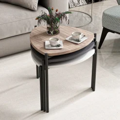 Tavolini Da Salotto > Dmora Tavolino da Salotto Nero Marrone Noce set 3 Pezzi Forma Triangolare 45x45x45h cm, Colore Ripiano Marrone - Carro Marrone, Nero Noce