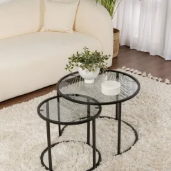 Tavolino da Salotto Nero Modulabile Forma Rotondo 42x42x39h cm, Sfumatura Colore Ripiano Fume - Vetusto