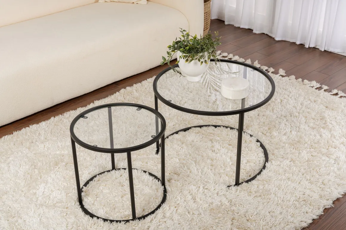 Tavolino da Salotto Nero Modulabile Forma Rotondo 60x60x43h cm, Materiale Piano in Vetro - Simaxis