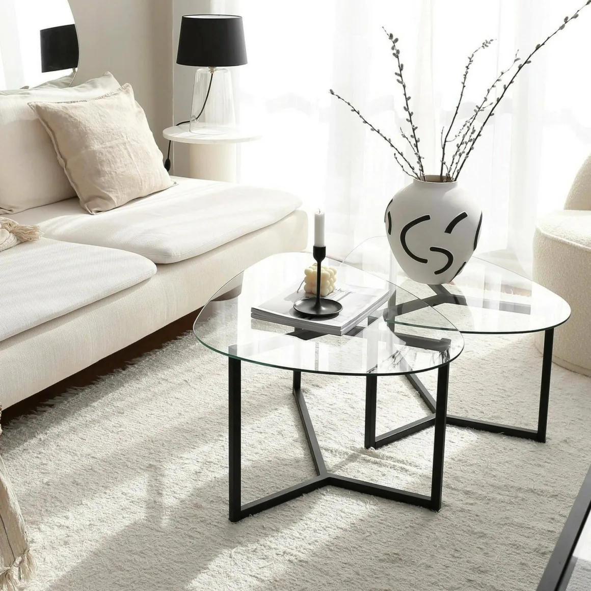 Tavolino da Salotto Nero Modulare Multifunzionale Forma Rettangolare 82x58x40h cm, Materiale Piano in Vetro - Flora