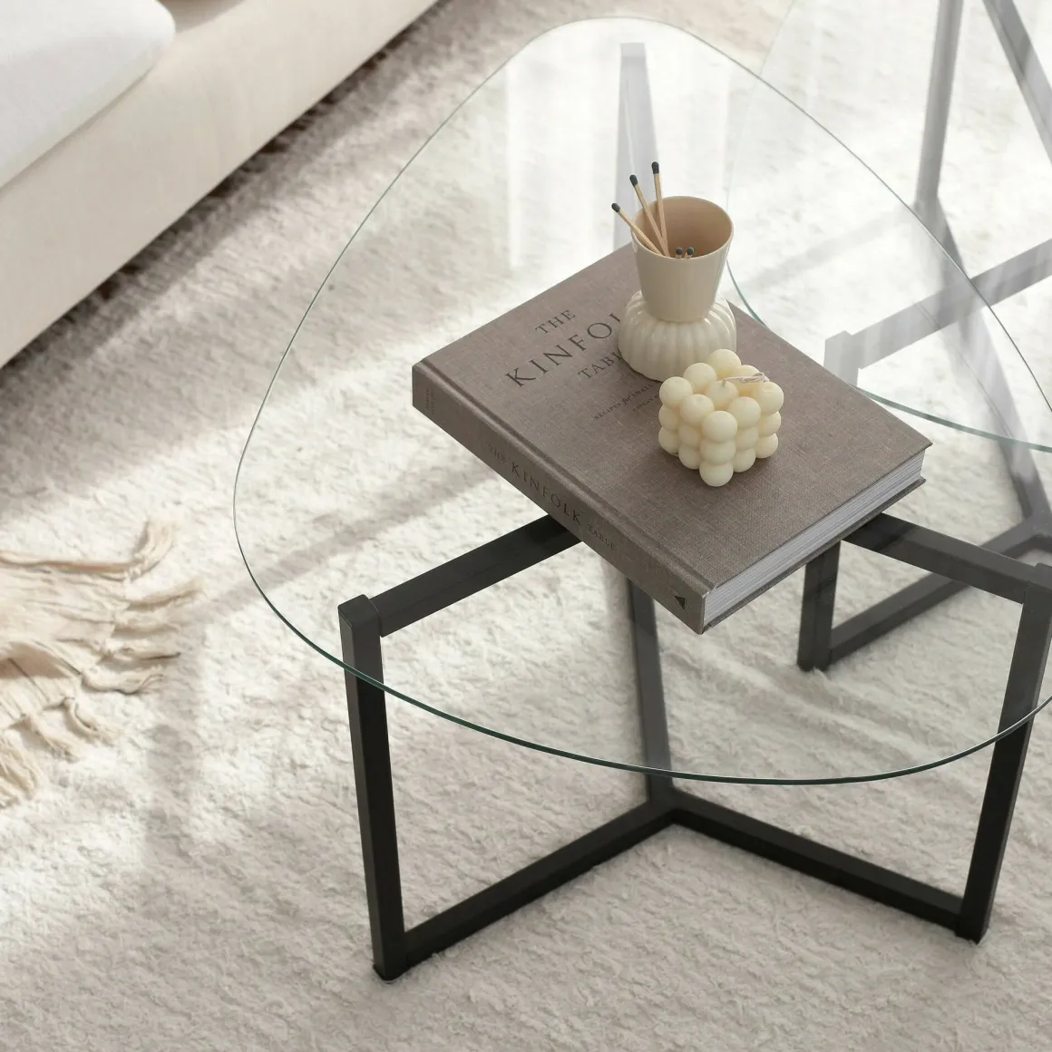 Tavolino da Salotto Nero Modulare Multifunzionale Forma Rettangolare 82x58x40h cm, Materiale Piano in Vetro - Flora