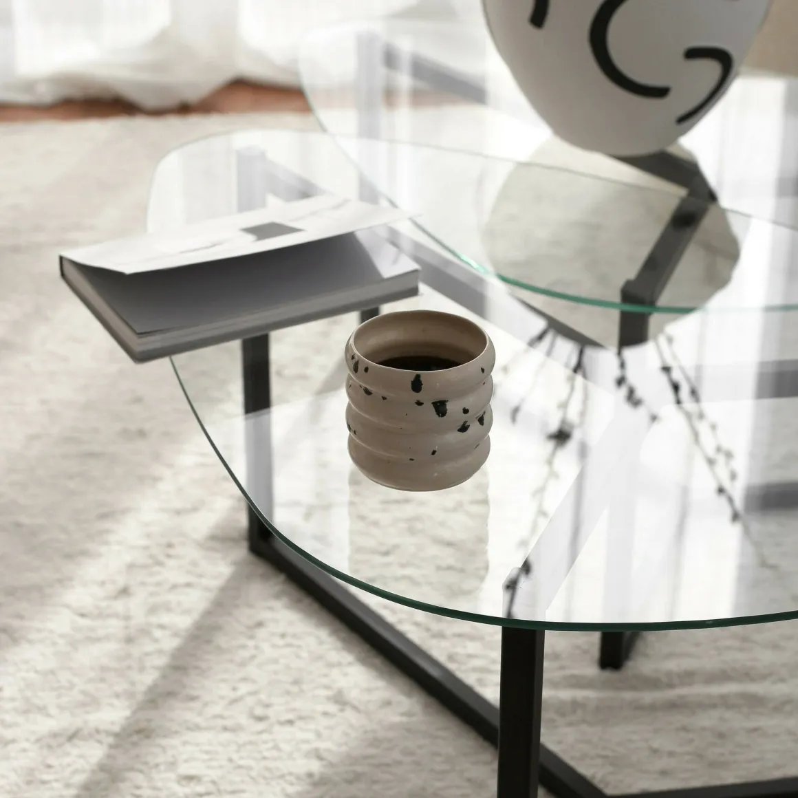 Tavolino da Salotto Nero Modulare Multifunzionale Forma Rettangolare 82x58x40h cm, Materiale Piano in Vetro - Flora