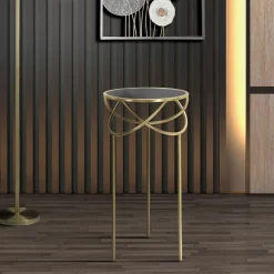 Tavolino da Salotto Nero oro Portatelefono Forma Rotondo 40x40x80h cm, Colore Ripiano Nero - Uspall