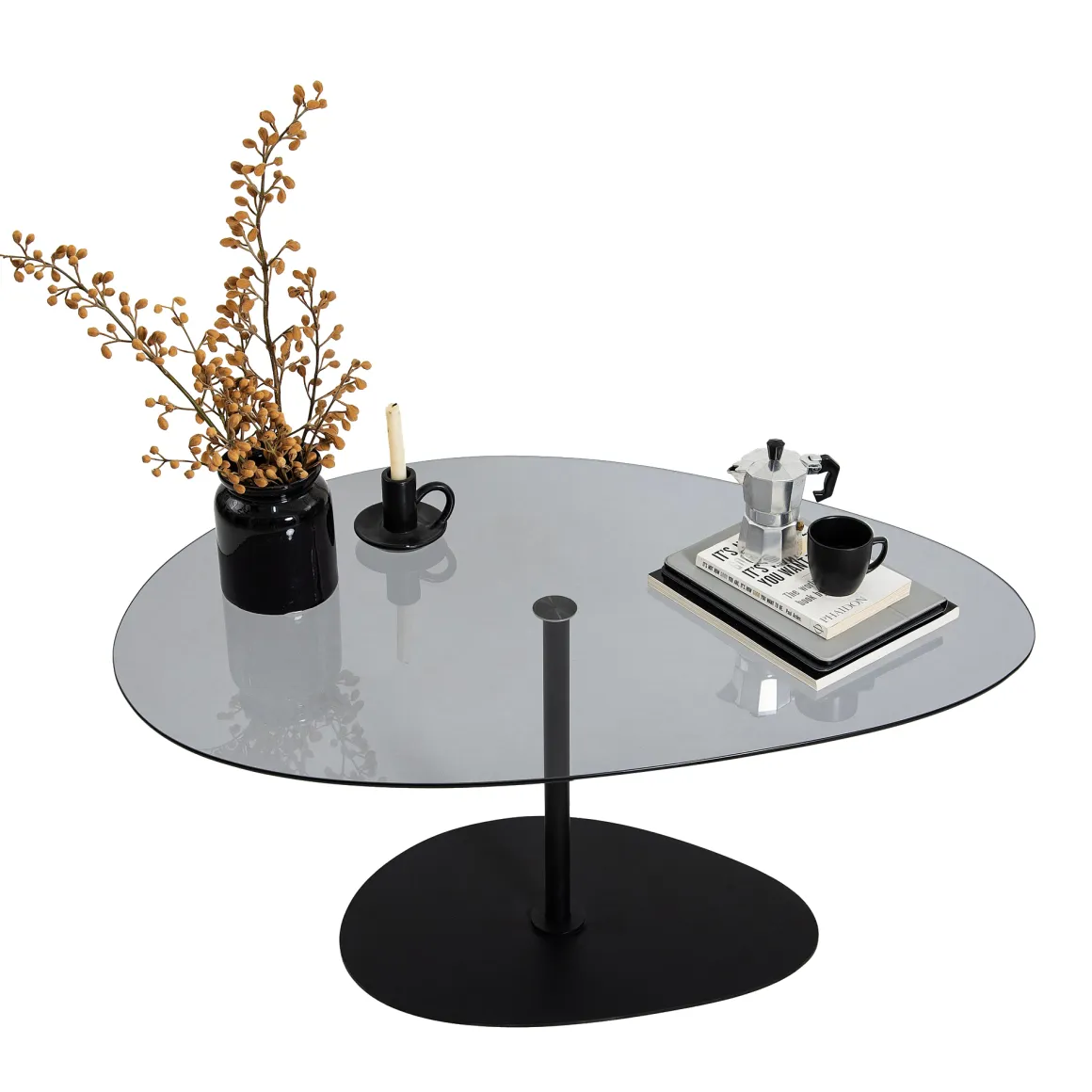 Tavolino da Salotto Nero Piano in Vetro Temperato Forma Ovale 90x60x40h cm, Sfumatura Colore Ripiano Fume - Tremiti