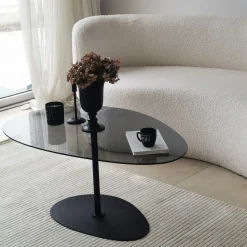 Tavolino da Salotto Nero Piano in Vetro Temperato Forma Ovale 90x60x40h cm, Sfumatura Colore Ripiano Fume - Tremiti