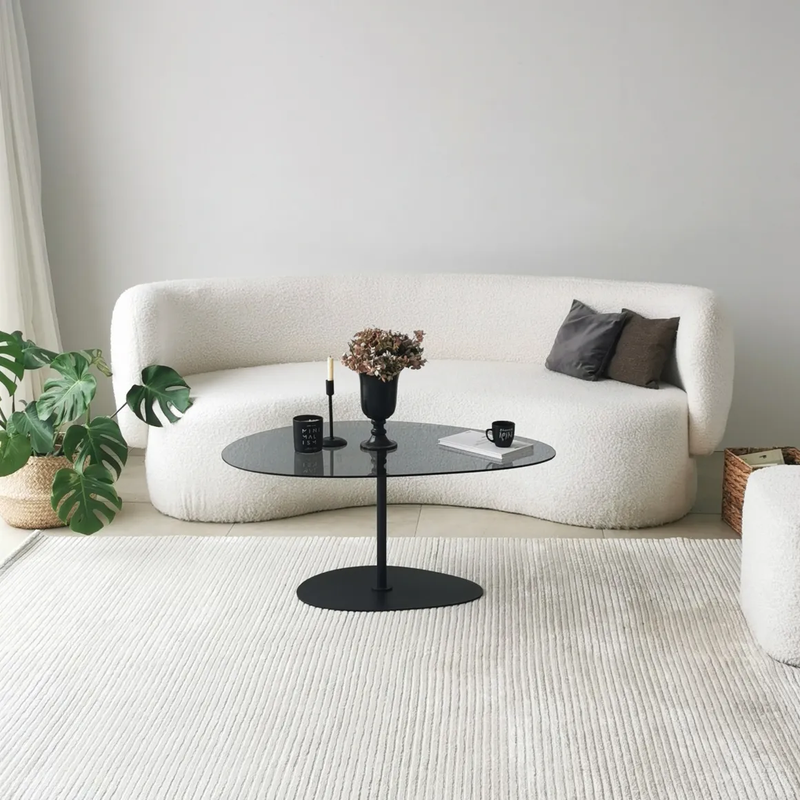 Tavolino da Salotto Nero Piano in Vetro Temperato Forma Ovale 90x60x40h cm, Sfumatura Colore Ripiano Fume - Tremiti