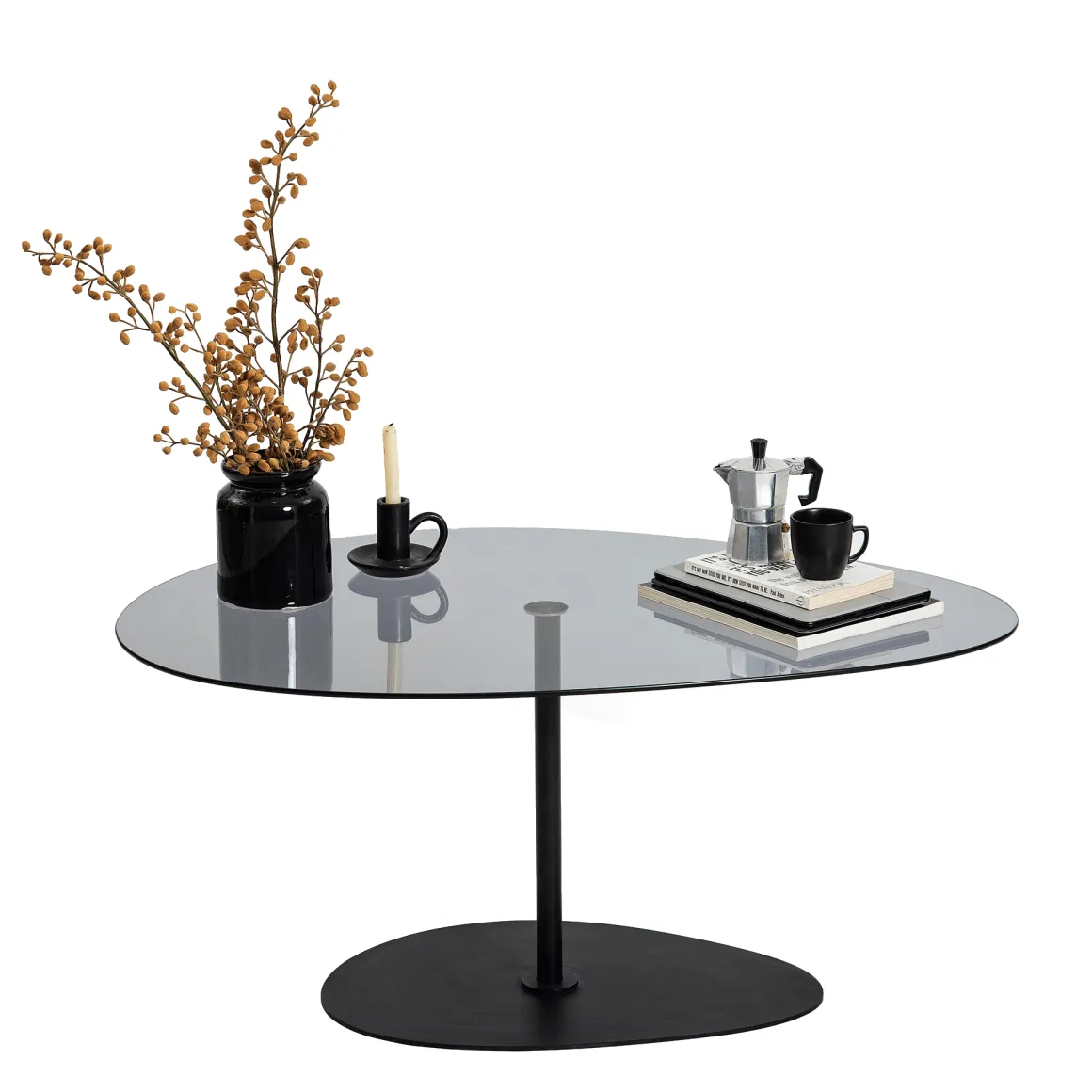 Tavolino da Salotto Nero Piano in Vetro Temperato Forma Ovale 90x60x40h cm, Sfumatura Colore Ripiano Fume - Tremiti