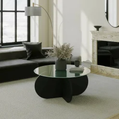 Tavolino da Salotto Nero Portariviste Forma Rotonda 75x75x35h cm, Materiale Piano in Vetro - Nila