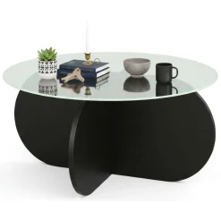 Tavolino da Salotto Nero Portariviste Forma Rotonda 75x75x35h cm, Materiale Piano in Vetro - Nila