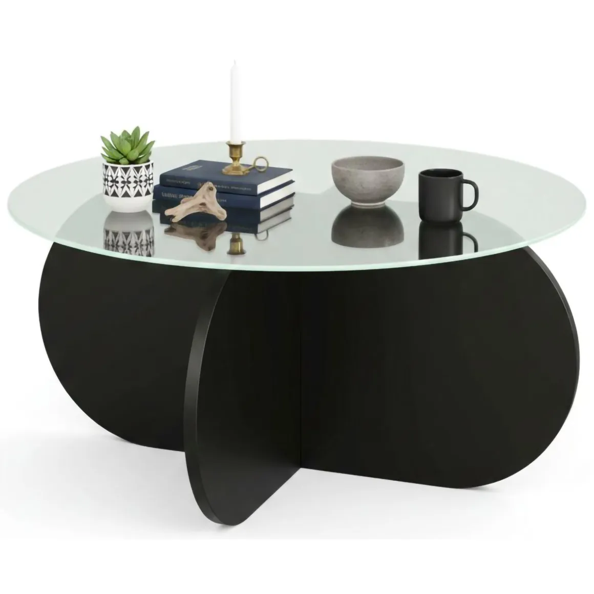 Tavolino da Salotto Nero Portariviste Forma Rotonda 75x75x35h cm, Materiale Piano in Vetro - Nila