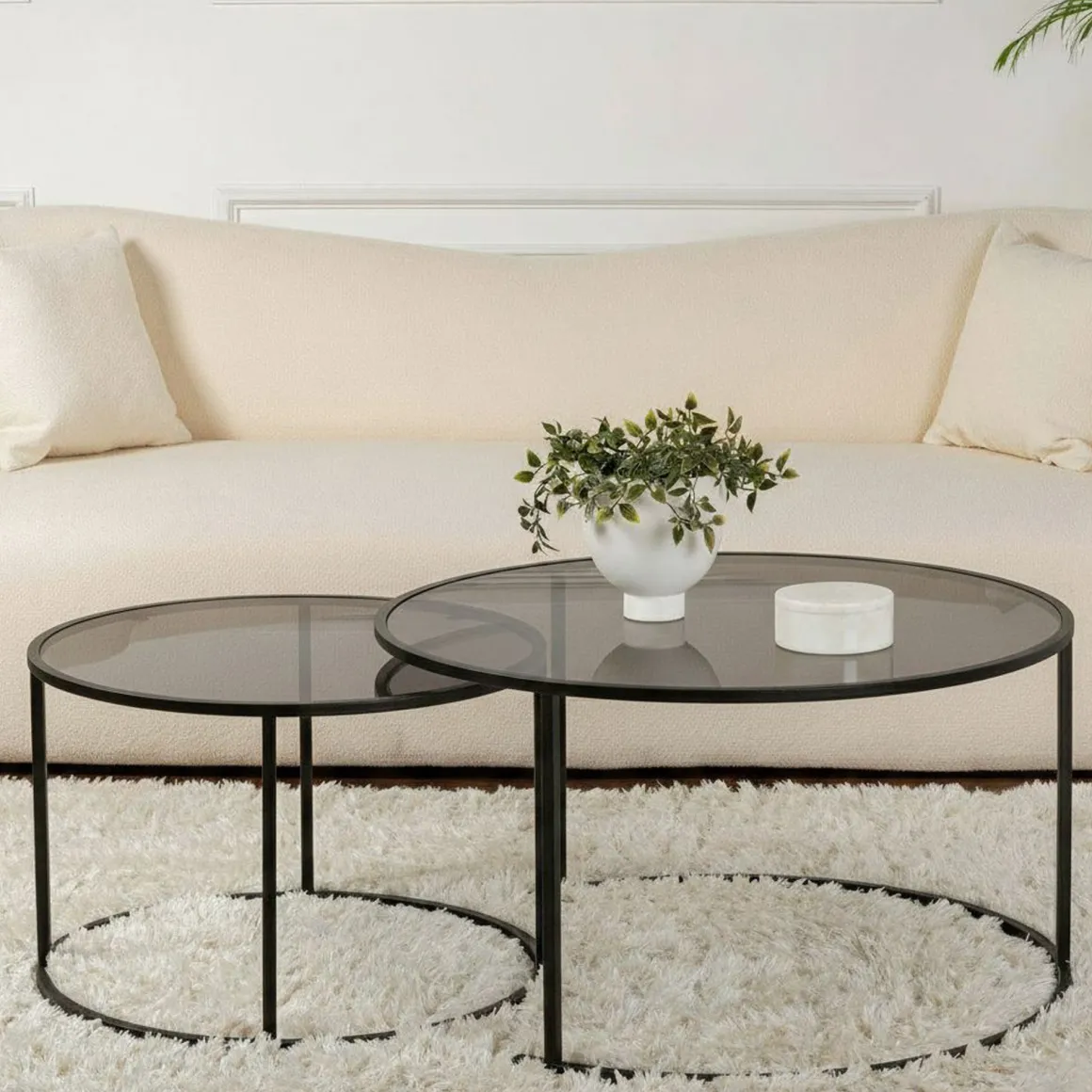 Tavolini Da Salotto > Dmora Tavolino da Salotto set di 2 Tavolini Forma Rotondo 60x60x43h cm, Materiale Piano in Vetro - Xaden Nero