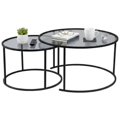 Tavolini Da Salotto > Dmora Tavolino da Salotto set di 2 Tavolini Forma Rotondo 60x60x43h cm, Materiale Piano in Vetro - Xaden Nero