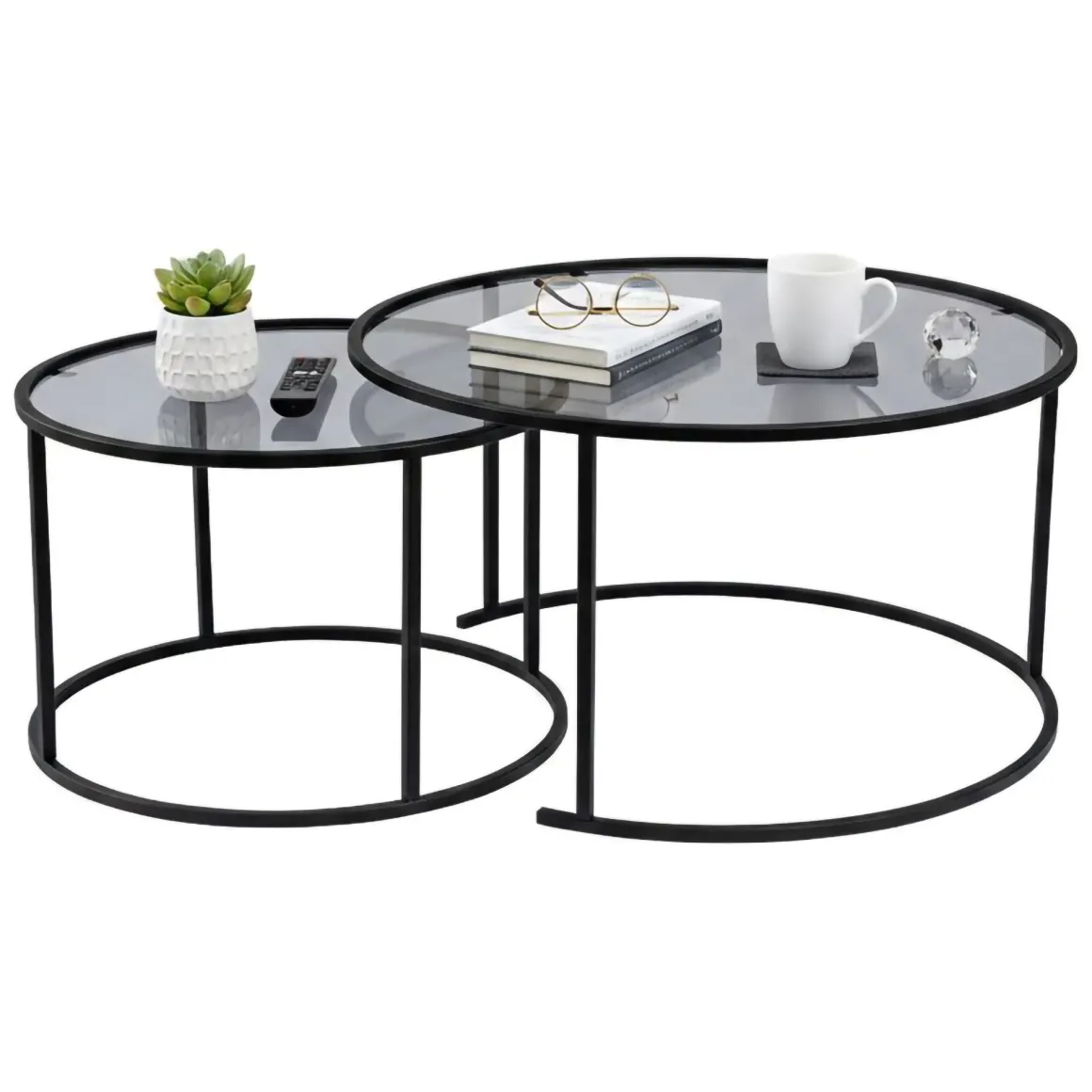 Tavolini Da Salotto > Dmora Tavolino da Salotto set di 2 Tavolini Forma Rotondo 60x60x43h cm, Materiale Piano in Vetro - Xaden Nero
